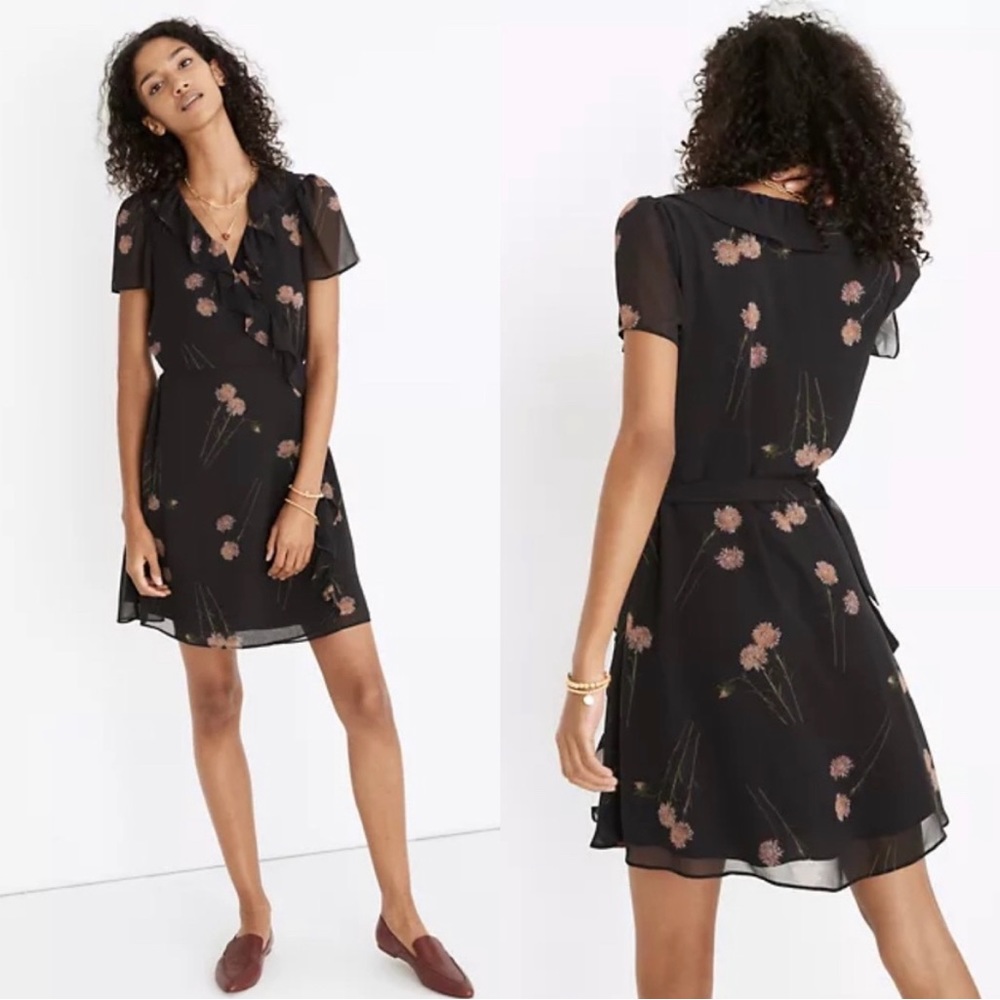 NWOT Madewell Pink & Black Floral Wrap Georgette Dress in Large